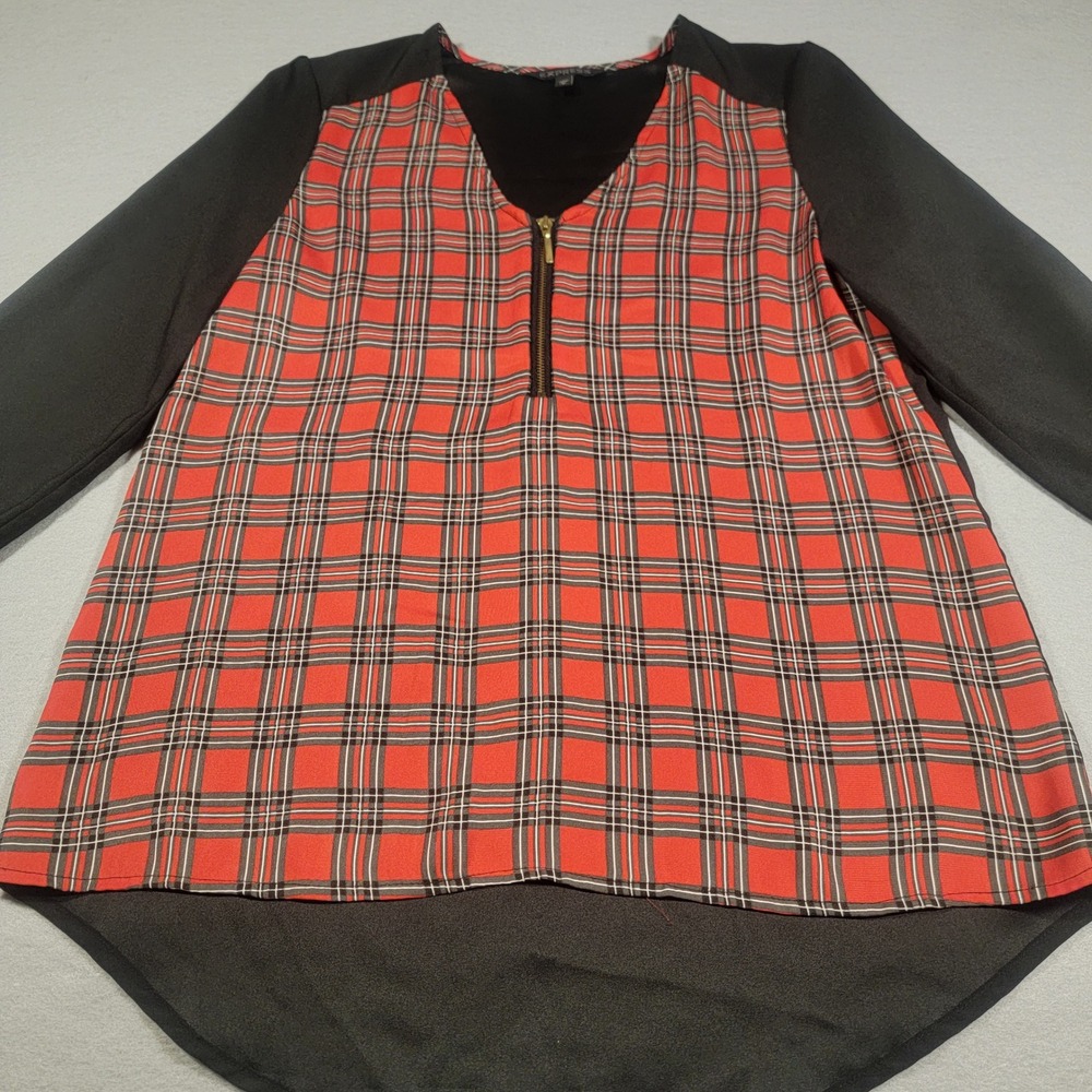 Express Plaid Zip Front Blouse Red Black 3/4‎ Sleeve High-Low Hem Women's Small